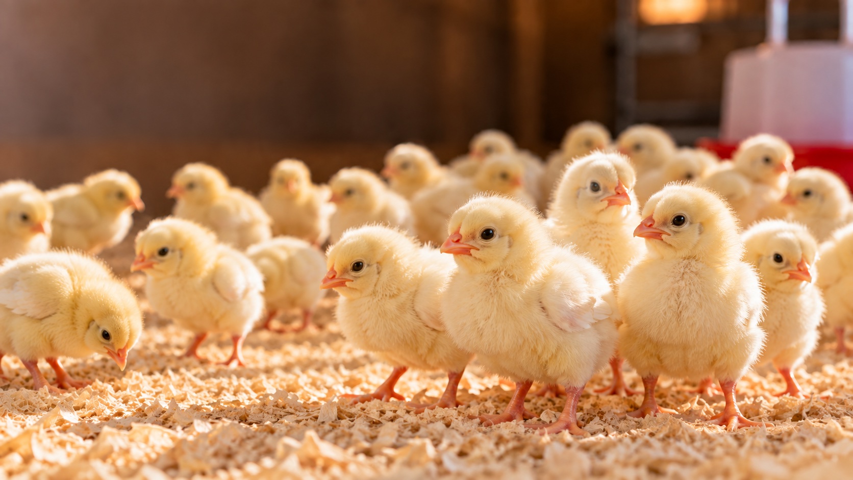 Day-old broiler chicks on clean bedding